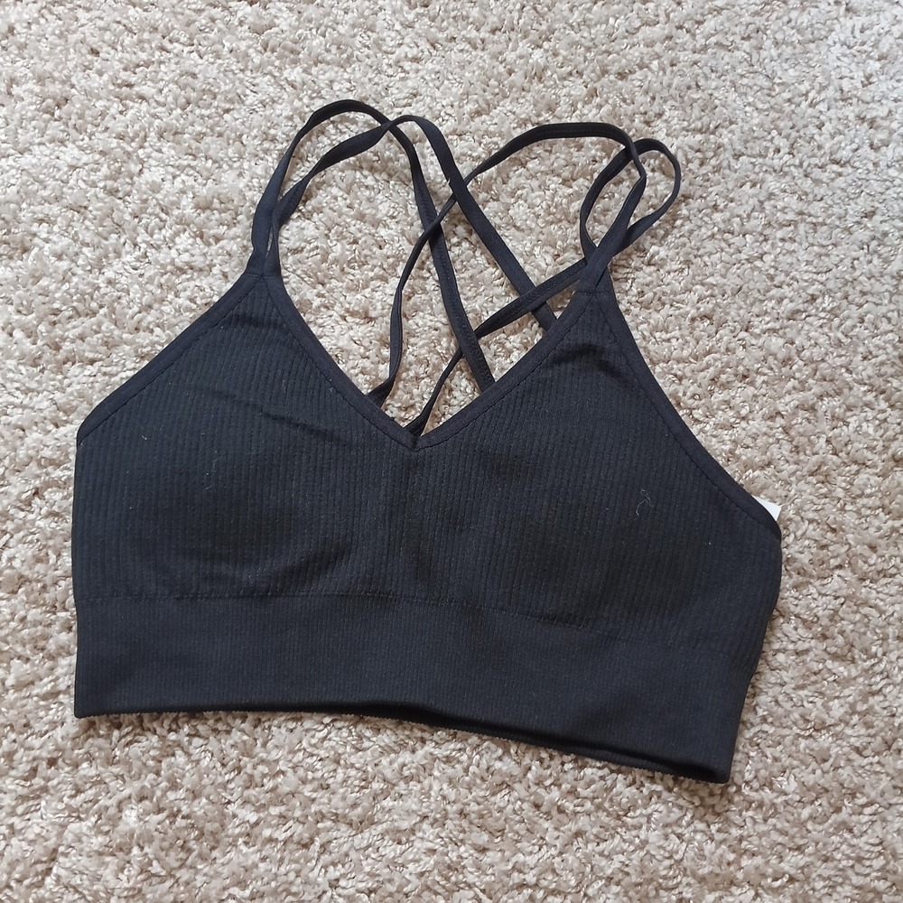 Aerie Bralette Womens XS Black Ribbed Seamless Strappy Criss Cross Back